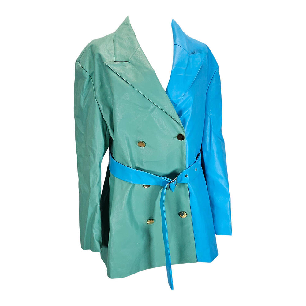Shein Bold Two-Tone Blue and Green Leather Belted Blazer/XL